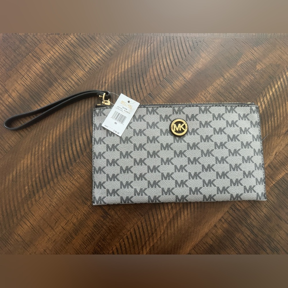 Michael Kors Black Interior Zip Wristlet with Gold Trim